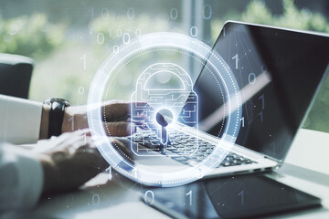 Poster - Creative lock sketch with chip hologram and hands typing on computer keyboard on background, protection of personal data concept. Multiexposure