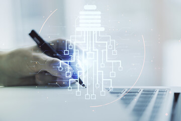 Poster - Creative light bulb illustration with microcircuit and hand writing in diary on background with laptop, future technology concept. Multiexposure