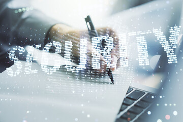 Poster - Cyber security creative concept with hand writing in notepad on background with laptop. Double exposure