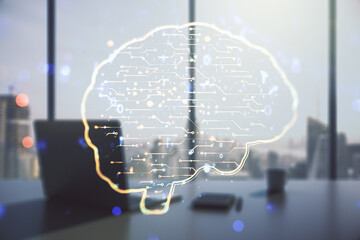 Poster - Creative artificial Intelligence concept with human brain hologram and modern desktop with computer on background. Multiexposure