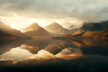 Sunset Over The Mountain Lake Reflection