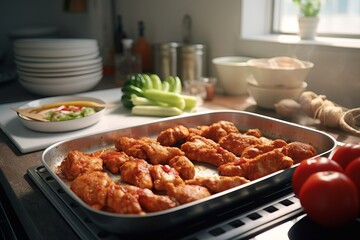 the process of preparing kebap with marinated chicken meat and flatbread or tortilla in the modern white kitchen