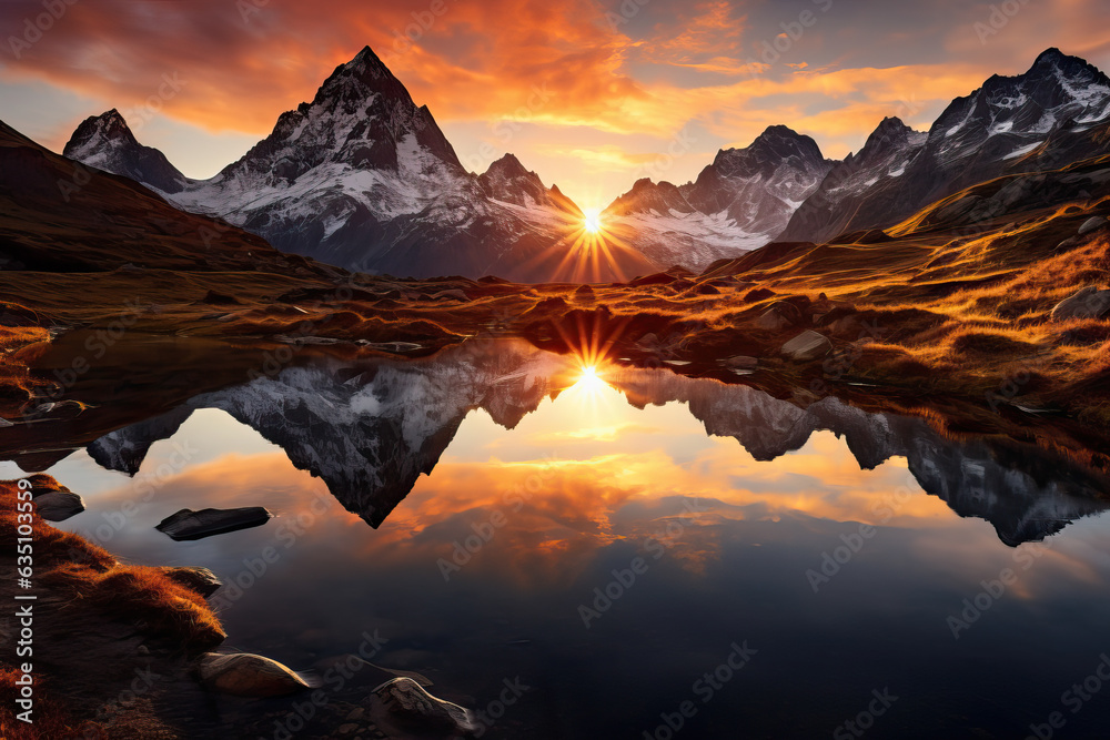 sunset in the mountains at a calm lake that creates a perfect ...