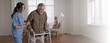 nurse woman walking with senior man with mobility walker in living area of nursing home senior daycare center,doctor woman assisting old man activities in retirement home