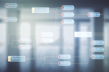 Poster - Abstract virtual coding concept on empty corporate office background. Multiexposure