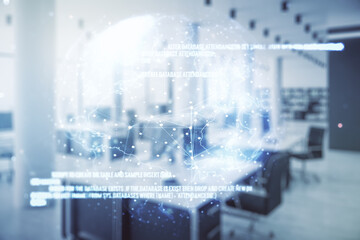 Poster - Multi exposure of abstract graphic coding sketch and world map on a modern furnished classroom background, big data and networking concept