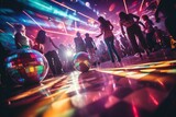 Shimmering Skate Fiesta: Energetic Retro Roller Disco with Partygoers Skating under a Disco Ball, Neon Lights, and Vintage Flair
