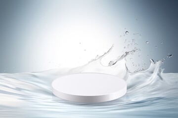 Empty white circle podium on transparent clear calm blue water texture with splashes and waves in sunlight. Abstract nature background for product presentation. Flat lay cosmetic mockup