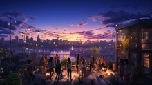 A Group Of Young People Enjoying A Celebration On A Rooftop With A Breathtaking View Of The City Center Skyline. Generative AI