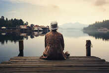 The Elderly Woman Sitting On A Dock, Her Gaze Fixed On The Horizon As She Contemplates The Beauty Of Life's Journey 