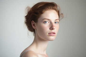 Wall Mural - young adult attractive european woman, beautiful lady pretty model girl with curly red hair and blue