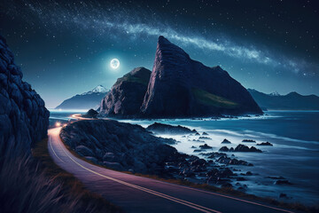 Canvas Print - Against the sea at the foot of the mountains at night the road trailing car tail lights under a beautiful starry sky, AI generated