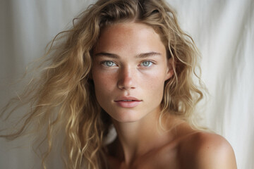 young adult nordic woman, beautiful lady pretty scandinavian model with curly hair and light green e