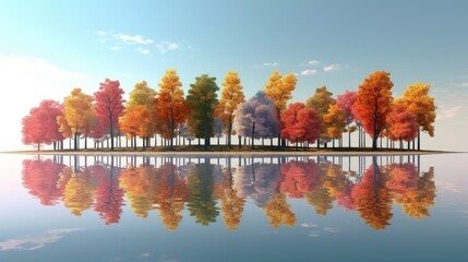 Wall Mural - A row of orange trees reflected in the water, in autumn, AI generated