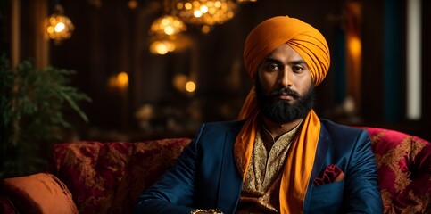 A man wearing a turban sitting on a couch