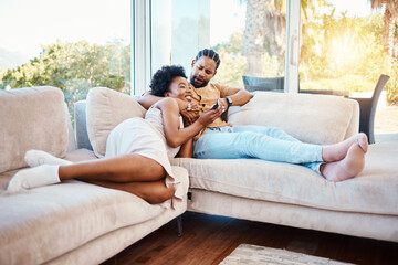 Poster - Happy, relax and a black couple on the sofa, watching tv and talking in a house. Smile, love and an African man and woman with care, speaking and conversation on the living room couch for a movie