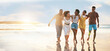 © Ramba/peopleimages.com - Relax, happy and travel with friends at beach for freedom, support and sunset. Wellness, energy and summer banner with group of people walking by the sea for peace, adventure and vacation mockup