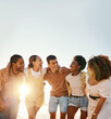 © Ramba/peopleimages.com - Friends, summer and people happy at sunset beach for fun, banner space and travel with a smile. Diversity, men and women group in nature with a laugh, love and happiness on a vacation or holiday