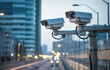 © ChaoticDesignStudio - Close up of two surveillance cameras monitoring traffic on busy city street
