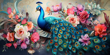 A Painting Of A Peacock With Flowers On It And Beautiful Wall Paper, Elegant Peacock Displayed Its Colorful Feathers Generative AI