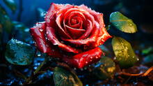 Close Up Of Red Rose With Drops Of Water On It.