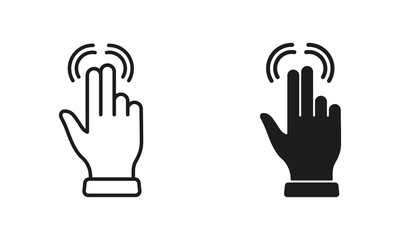 Poster - Pinch Screen Line and Silhouette Black Icon Set. Finger Gesture on Touch Screen, Swipe Pictogram. Rotate on Screen Symbol Collection on White Background. Gesture Slide. Isolated Vector Illustration