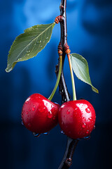 Canvas Print - Two cherries hanging from branch with water droplets on them.