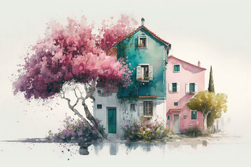 Poster - Beautiful House and Blooming Tree, Watercolor. Spring or Summer House and Garden, drawing in pastel color