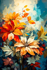 Wall Mural - Image of orange and yellow flowers on blue background.