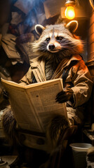 Sticker - Raccoon dressed in trench coat reading book.