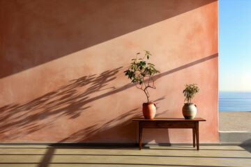 Sticker - Two potted plants sitting on table in front of pink wall.