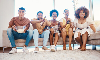 Canvas Print - Beer, popcorn and friends watching tv in home living room, bonding and having fun together. Food, happy people and group on television to drink alcohol, streaming movie and film to relax on couch