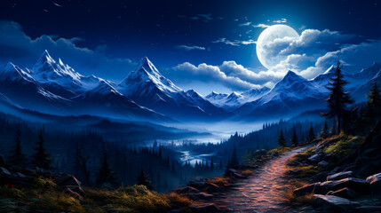 Poster - Image of mountain landscape with path leading to full moon.