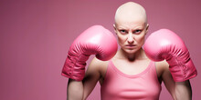 Bald Woman With Pink Boxing Gloves Ready To Fight Breast Cancer