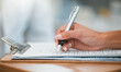 © Mumtaaz Dharsey/peopleimages.com - Hands of woman with clipboard, medical insurance and information at counter for script medicine. Paperwork, writing and signature, patient at pharmacist with application for pharmaceutical healthcare