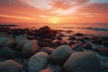 Wall Mural - Very nice sunset on a beach with many rocks
