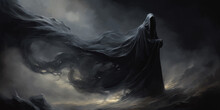 Death In Black Cloak. Death In Black Clothes With Black Hood. Grim Reaper In The Fog. Mysterious Silhouette Of Man In Black Cloak With Scythe. Halloween Concept. Scary Ghost. Death Costume. Vector Art
