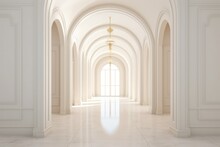A Majestic Hallway Of Symmetrical Arches, Adorned With Intricate Moldings And A Dazzling Chandelier, Showcases The Grandeur Of The Building's Majestic Architecture
