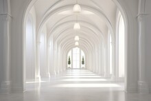 A Captivatingly Symmetrical Arcade Of Columns And Arches Bathes The White Hallway In An Ethereal Light, Drawing Viewers Into A Breathtaking Display Of Architectural Grandeur