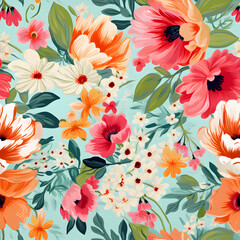 Wall Mural - Pretty Painted Flowers Leaves pattern, Ideal for Fabrics and Covers