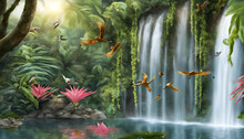 Waterfall In The Forest With Flying Birds And Flowers Generated By AI Tool