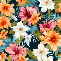 Wall Mural - Pretty Painted Flowers Leaves pattern, Ideal for Fabrics and Covers