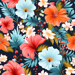 Wall Mural - Tropical Floral Seamless Pattern with Hibiscus Flowers and Palm Leaves, Pretty painted flowers