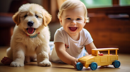 Wall Mural - cute little young white american blonde caucasian baby playing with his dog puppy and car toys at home in his house playing room.