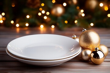 mockup of a white plate on a table with Christmas balls and lights,AI generated