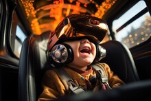 Boy Wearing Virtual Reality Headset Sitting On Car Seat. VR Goggles Innovation Technology. Generative AI