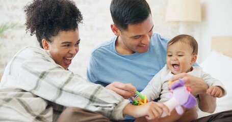 Poster - Family, couple and quality time with baby, mom and dad playing with toys for fun, laughing together in home, bedroom or nursery. Newborn, infant and happiness in motherhood, family or child smile