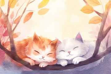 Cute cats sleeping on the tree. Autumn watercolor illustration created with Generative Ai technology