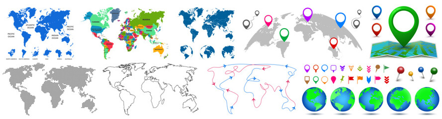 Wall Mural - set world map earth planet, colourful world countries and country names, division into countries, co