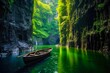 Discovering the Waterfall and Boat at Takachiho Gorge in Miyazaki, Kyushu, Japan - A Natural Wonder Amidst Green Landscapes and River. Generative AI